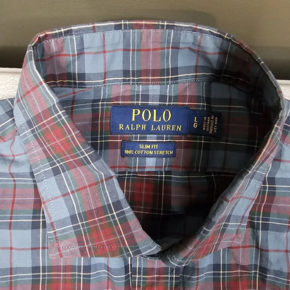 Polo Ralph Lauren Shirt Large Blue Plaid Slim Fit Stretch Preppy Academia Ivy